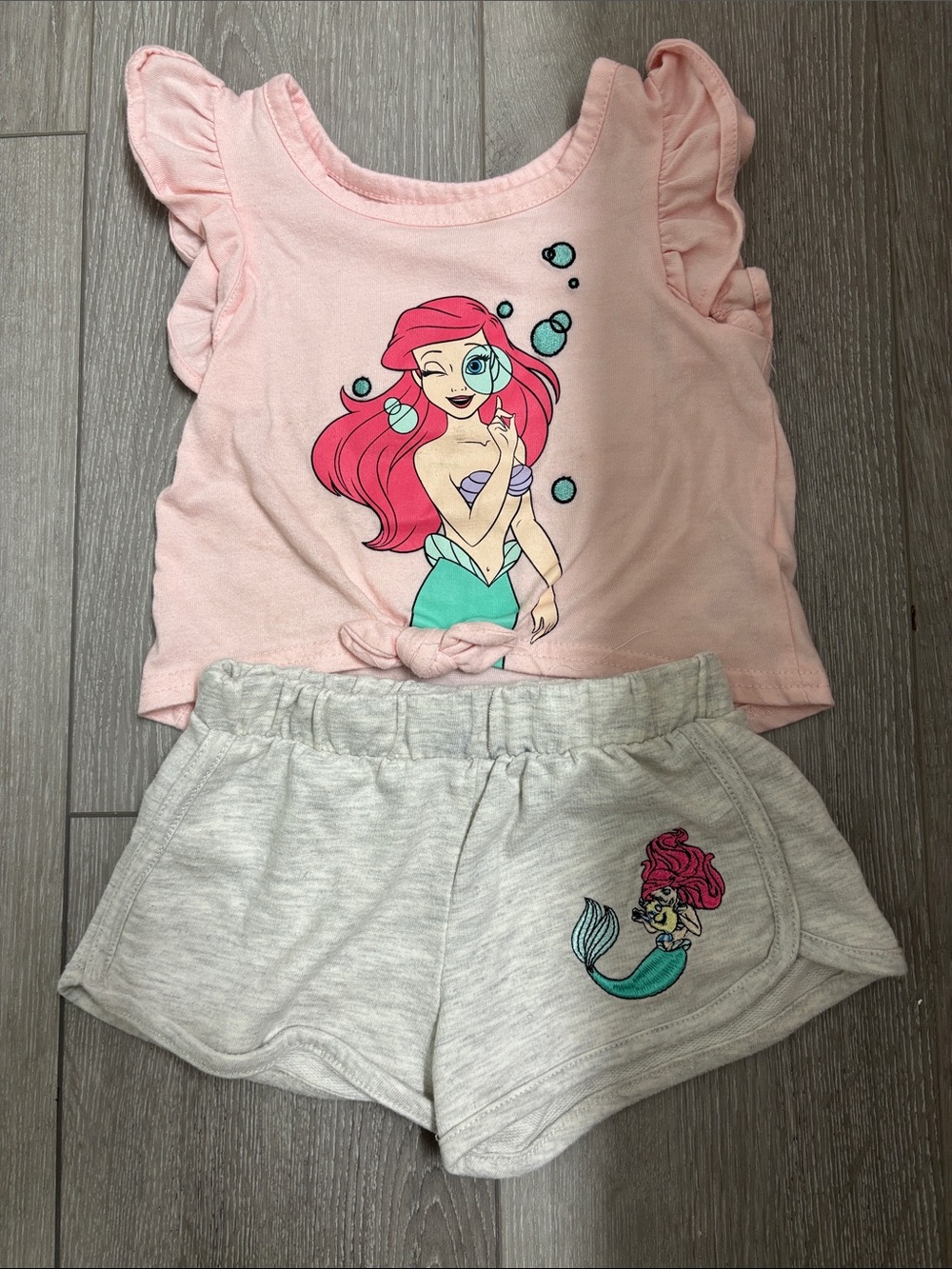 Disney Pink Ariel Mermaid Two-Piece Set with Light Gray Shorts